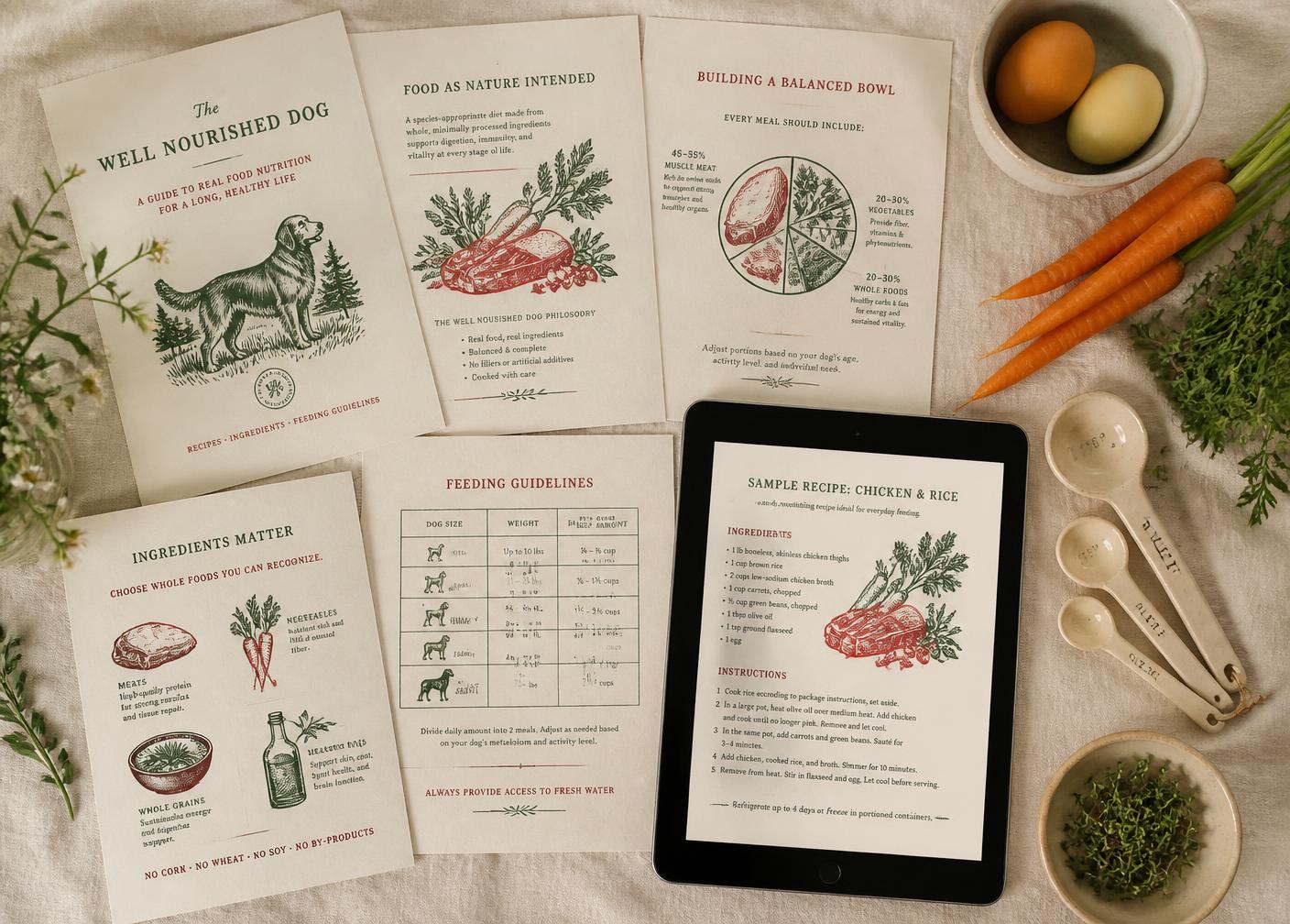 Printed interior pages of the guide beside fresh ingredients and a tablet